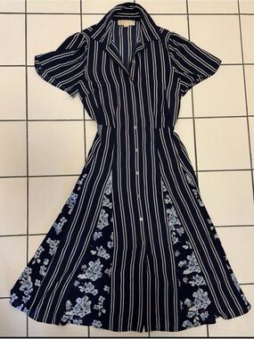 Michael Kors Navy Striped & Floral Panel Midi Shirt Dress